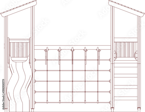 Technical drawing of outdoor playground structure featuring two covered platforms with seating connected by horizontal climbing bars in reddish-brown line art.
