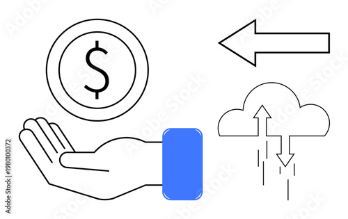 Financial transaction. Symbols online financial transactions using a coin, hand, data transfer arrows, and cloud. Financial transaction for banking, fintech, cloud services, digital wallets