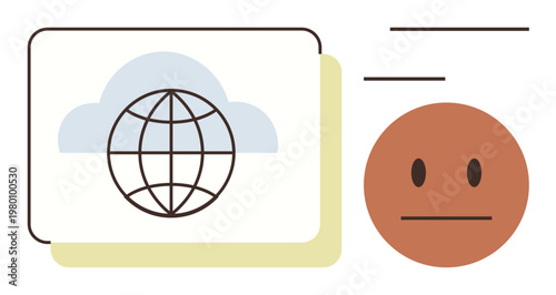 Data sharing, internet access, global communication, cloud technology, virtual platforms, online presence. Cloud and globe graphic with neutral face icon. Global communication and data sharing