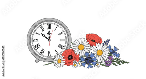 A classic analog alarm clock with Roman numerals sits beside a colorful hand-drawn arrangement of wild poppies and daisies on a clean white surface.