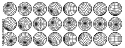 Wireframe sphere grids. Retro 3D globe wireframes and linear y2k spheres. Minimalist geometric globe outline, warped circular grid and spherical mesh shapes with editable stroke path