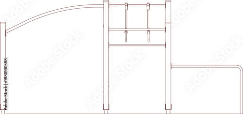 Technical architectural drawing showing a side elevation of outdoor playground equipment featuring a swing arm, monkey bars, and low rails in reddish-brown line art.
