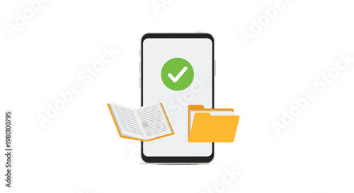 A smartphone interface shows a green success checkmark while an open book and a yellow file folder float beside the screen on a plain white background.