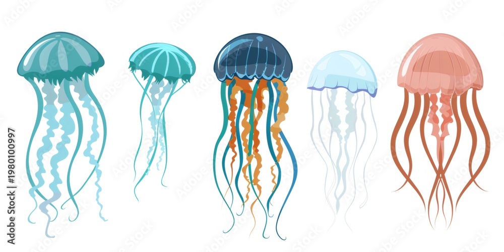 Fototapeta premium Variety of colorful jellyfish swimming under the ocean illustration set