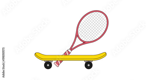 Playful yellow skateboard leaning against a pink tennis racket, creating a striking visual contrast between urban street gear and classic sports equipment.