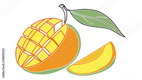 Brightly colored illustration of a sliced mango with a leaf, showcasing its juicy texture and vibrant tropical appeal.