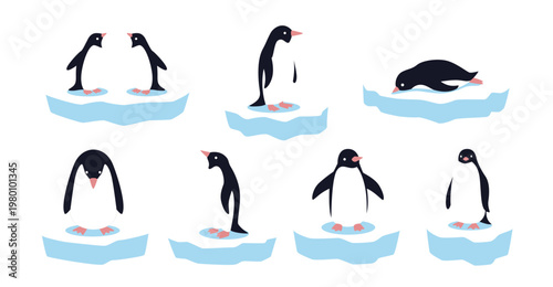 Set of Penguin on Iceberg Illustration, Cute Cartoon Arctic Animal Vector