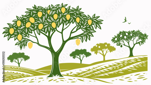 Lush orchard with abundant ripe mangoes on trees under a clear sky