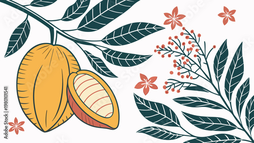 Artistic illustration of a ripe cocoa pod and vibrant leaves on a branch, with delicate floral accents.
