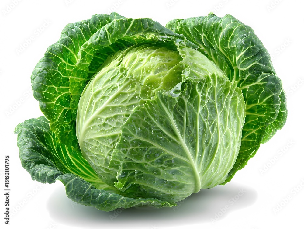 Fototapeta premium Fresh cabbage sits on a white surface with water droplets on its leaves and open leaves surrounding the main head