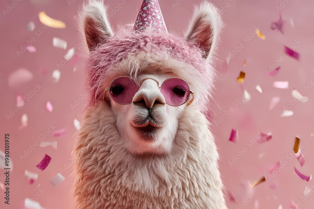 Fototapeta premium Llama wears pink party hat and sunglasses during festive celebration with confetti falling