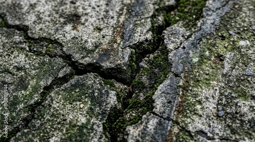 Cracked concrete texture with moss: Detailed image of weathered concrete surface, revealing cracks filled with lush green moss, a symbol of resilience, and nature's quiet reclaim.