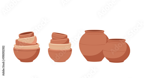 Collection of rustic terracotta pottery featuring stacked clay bowls and rounded ceramic vessels arranged neatly on a clean white studio background surface.