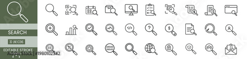 Search and inspection line icons set featuring financial audit security protection data analysis health monitoring and global discovery vector illustration with editable stroke.
