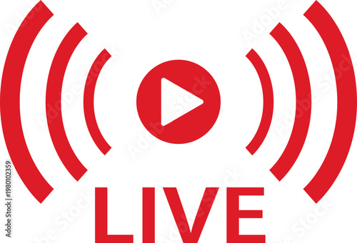 Live streaming icon featuring red signal wave symbol with play button for online broadcasting. Digital transmission indicator represents real time video content. Online stream vector illustration.