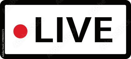 Live streaming icon featuring a black rectangular border with recording dot for online broadcasting. Digital label represents real time video content. Vector graphic for social media stream design.
