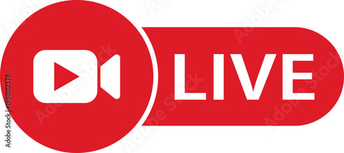 Live streaming icon featuring red button with video camera symbol for online broadcasting. Digital label represents real time video content. Online steam vector illustration.