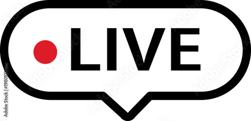 Live streaming icon featuring a black border with recording dot for online broadcasting. Digital label represents real time video content. Vector graphic for social media stream design.
