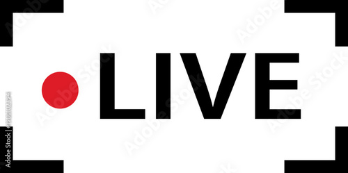 Live streaming icon featuring a black rectangular border with recording dot for online broadcasting. Digital label represents real time video content. Vector graphic for social media stream design.