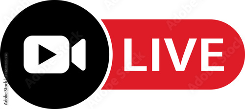 Live streaming icon featuring red and black button with video camera symbol for online broadcasting. Digital labels represent real time video content. Online stream vector illustration design.