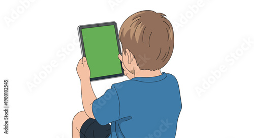 Young boy viewed from behind holding a tablet with a blank green screen against a clean white studio background environment under bright lighting conditions.