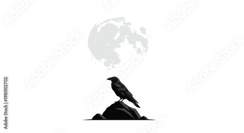 A majestic black raven stands firmly atop a rugged stone formation centered directly under a luminous full moon within a stark and dramatic night landscape.
