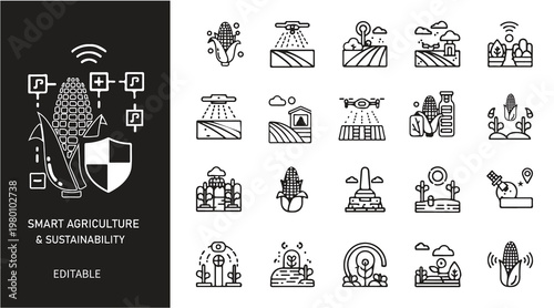 Smart Agriculture and Sustainability Icon Set – Modern Farming Technology, Eco Farming Line Icons Collection