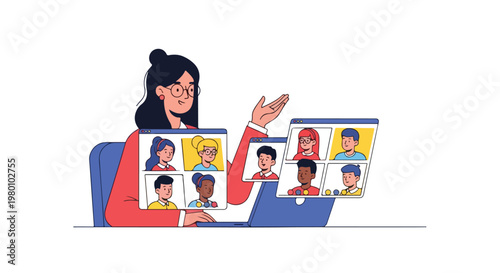 Flat-style vector artwork showing an educator conducting a virtual lesson with students displayed on a screen, in a minimal design with a white background.