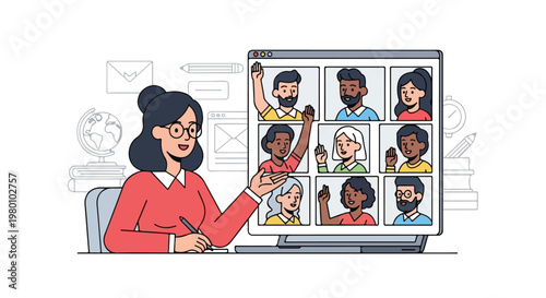 A flat vector illustration of a teacher leading an online class with students visible on screen, representing the education profession, on a white background.