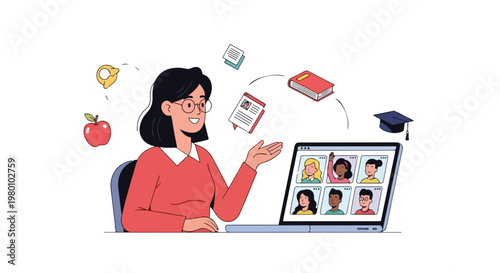 Flat vector illustration of a teacher conducting an online class with students on screen, educational profession concept, white background.