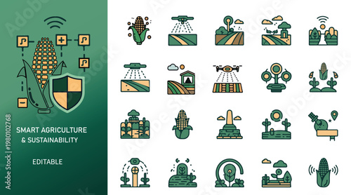 Smart Agriculture and Sustainability Icon Set – Modern Farming Technology, Eco Farming Line Icons Collection