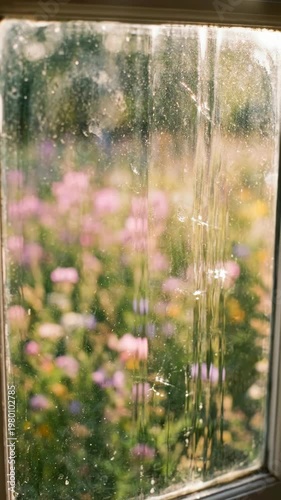 Blurry wildflower garden sunlight shines through dirty glass with water streaks, spring outdoor colorful nature scene, peaceful tranquil morning, dreamy soft focus floral reflection, vintage
