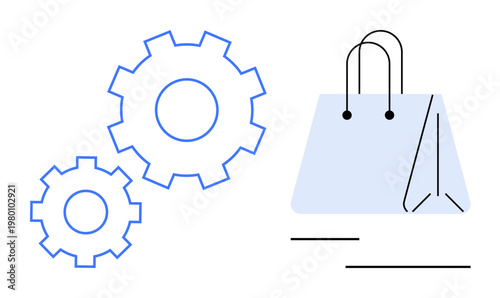 E-commerce, online shopping, business automation, retail optimization, sales processes, workflow management. Blue gear icons next to a shopping bag. E-commerce and online shopping concept