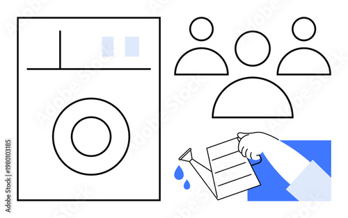 Teamwork, water conservation, home appliances, sustainability, resource efficiency, collaboration. Minimalist design showing washing machine, three people and a watering can pouring. Sustainability