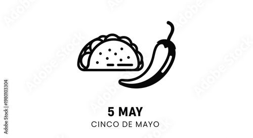 Cinco de Mayo 5 May celebration vector icon, Mexican taco and chili pepper line art, minimalist festive food illustration for holiday menu