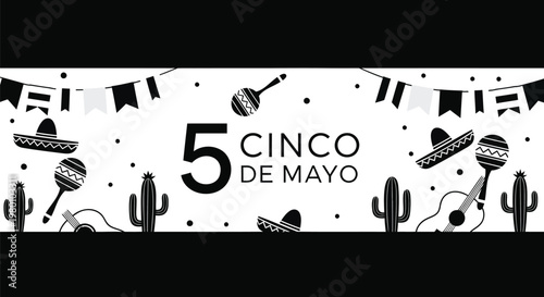 Cinco de Mayo horizontal banner vector, Mexican holiday celebration background with maracas and cactus, black and white party invitation header