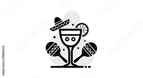 Mexican fiesta cocktail icon vector, margarita glass with sombrero and maracas, black and white festive drink illustration for Cinco de Mayo