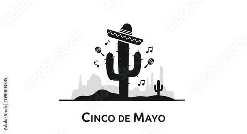 Cinco de Mayo festive cactus vector, Mexican desert landscape with sombrero and maracas, black and white silhouette celebration graphic