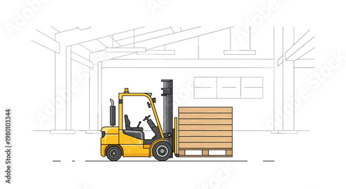 Minimalist line art illustration of a yellow forklift carrying a wooden pallet inside a spacious warehouse facility with clean white background lighting.