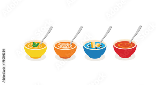Four distinct colorful bowls of gourmet soup featuring silver spoons isolated on a clean white background with soft shadows and bright studio lighting.