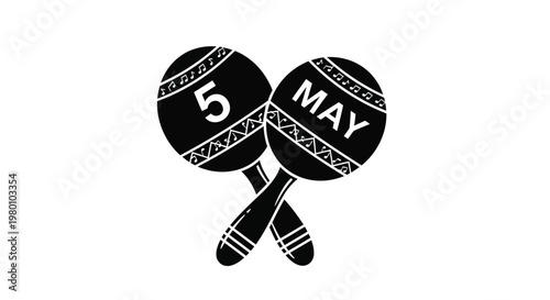 Cinco de Mayo maracas vector illustration, black and white Mexican percussion instruments with 5 May text, traditional fiesta party graphic