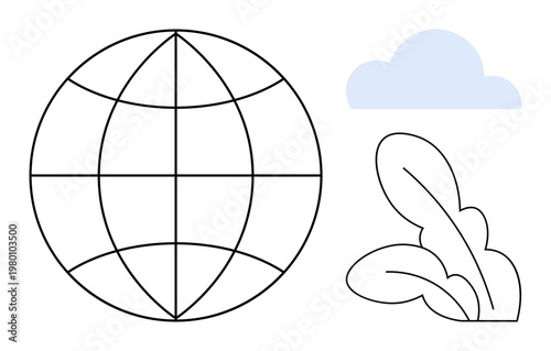 Global connectivity, sustainability, environmental awareness, ecosystem balance, climate change, ecological design. Minimal globe with leaves and a cloud. Global connectivity and sustainability