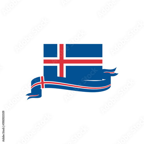 Icelandic flag waving on a white background with a blue ribbon