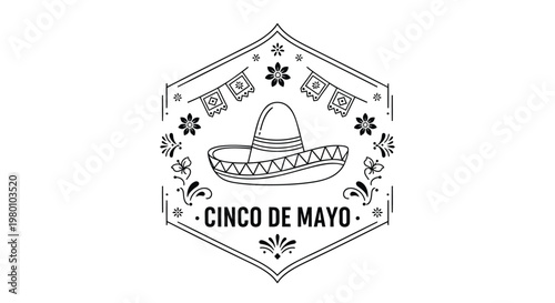 Cinco de Mayo line art emblem, Mexican holiday celebration badge with sombrero and maracas, minimalist black and white circular vector icon