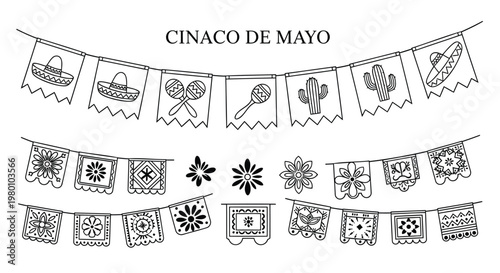 Cinco de Mayo line art emblem, Mexican holiday celebration badge with sombrero and maracas, minimalist black and white circular vector icon