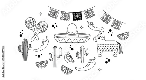 Mexican fiesta line art collection, black and white cinco de mayo vector elements, traditional sombrero and pinata icons for coloring
