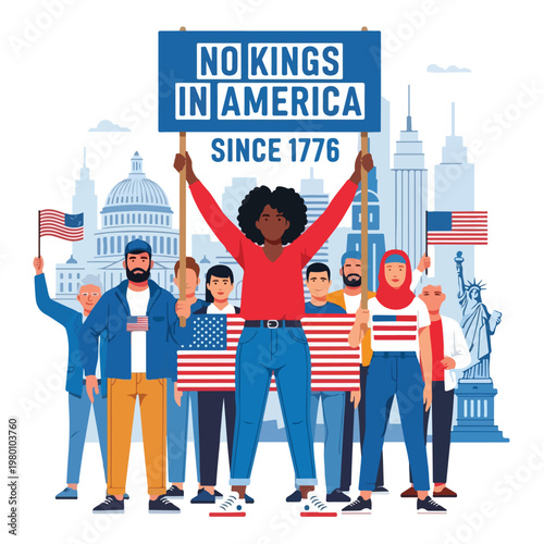 Diverse group of protesters holding No Kings in America sign since 1776 with American flags before US Capitol and Statue of Liberty skyline