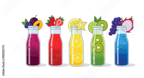 Refreshing colorful fruit smoothies in clear glass bottles with fresh berry and citrus garnishes stand neatly aligned against a crisp white background.