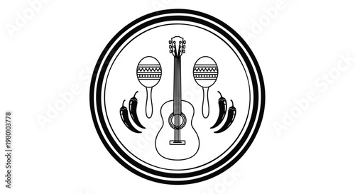 Cinco de Mayo festive vector illustration, black and white Mexican holiday greeting with maracas and chili peppers, minimalist cactus party design