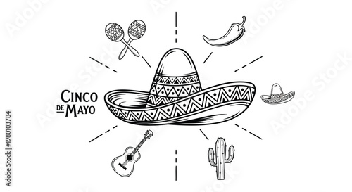 Cinco de Mayo Mexican celebration vector, hand drawn sombrero and maracas illustration, black and white fiesta icons with guitar and cactus